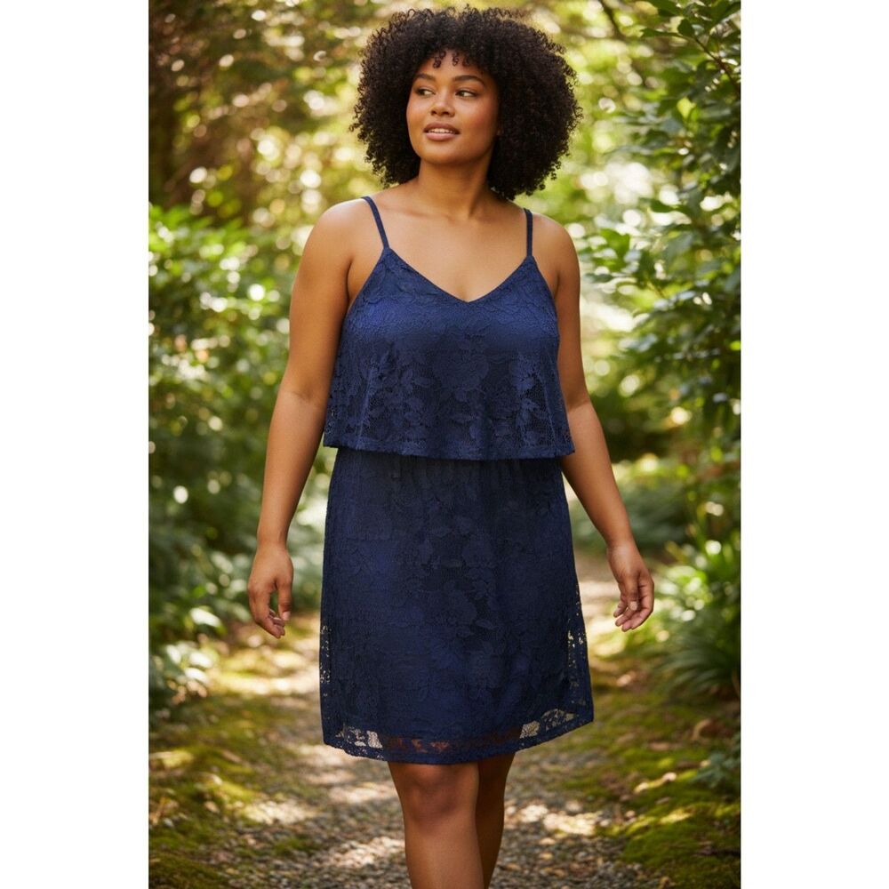 VTG 90s My Michelle Navy Blue Lace Dress XL Vampy Goth Grunge Sheer Overlay Mini